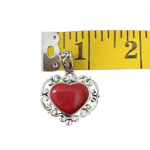 Antique 925 Silver Scrollwork Red Enamel Cabochon Heart Pendant — See‎ Pics! - Picture 3 of 8